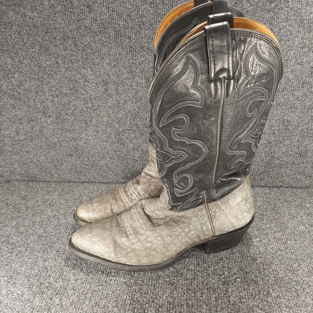 VTG Nocona Boots Mens 8.5 D Gray Elephant Print Black Leather Cowboy USA 39445